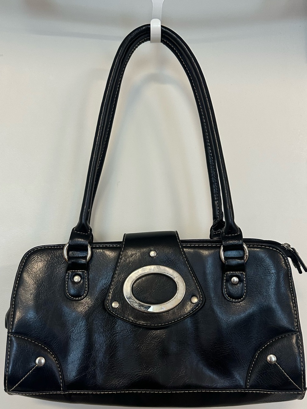 Black Leather Shoulder Bag with Silver Accent